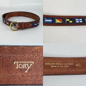 Tory Belt Mens Sz 44 English Bridle Leather Brown Brass 2533 Flags Nautical Vtg